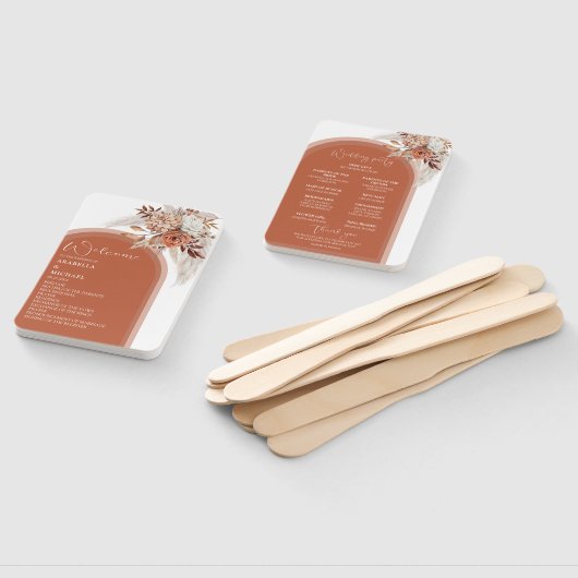 Boho Burnt Oranje Floral & Pampas Wedding Programm Handwaaier (Niet-gemonteerd)
