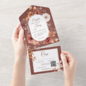Boho Burnt Oranje Rust Herfst Floral QR Code All In One Uitnodiging (Afscheurbaar)