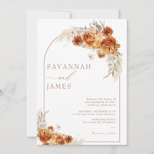 Boho Burnt Sinaasappel Bloemenboog Bruiloft Kaart (Voorkant)