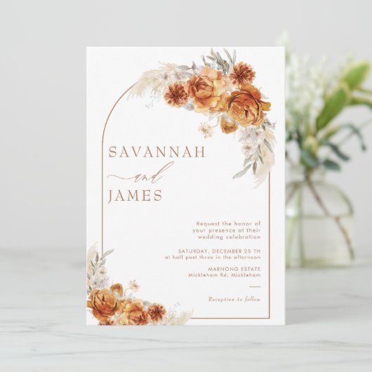 Boho Burnt Sinaasappel Bloemenboog Bruiloft Kaart (Staand voorkant)