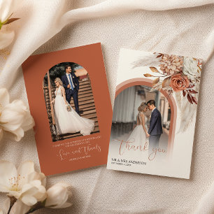 Boho Burnt Sinaasappel Floral & Pampas Foto bedank Bedankkaart