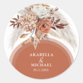 Boho Burnt Sinaasappel Floral & Pampas Grass Weddi Ronde Sticker (Voorkant)