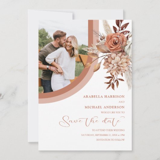 Boho Burnt Sinaasappel Floral & Pampas Grass Weddi Save The Date (Voorkant)
