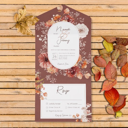 Boho Burnt Sinaasappel Rust Herfst Floral Dinner All In One Uitnodiging