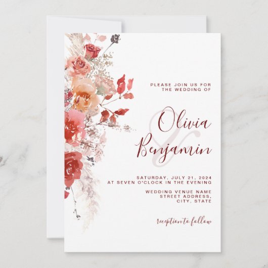 Boho Burnt Sinaasappel Rust Red Floral Pampas Wedd Kaart (Voorkant)