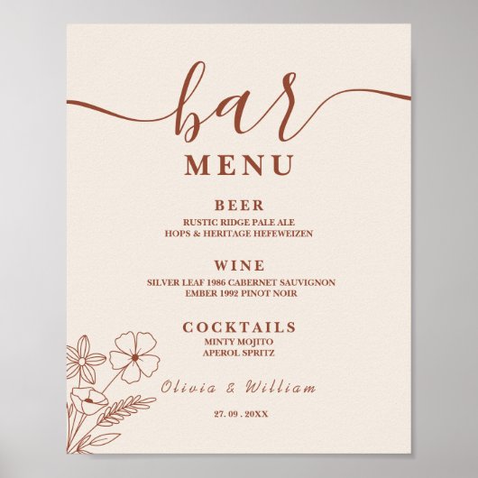 Boho Burnt Sinaasappel Wildflowers Wedding Bar Men Poster (Voorkant)