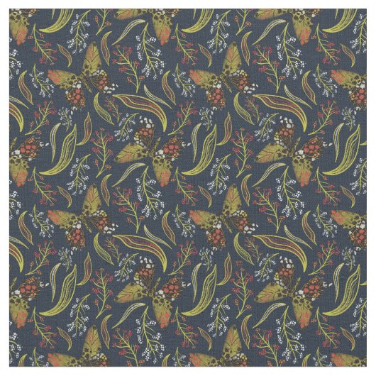 Boho Butterfly Blue Floral Pattern Stof (Close Up)