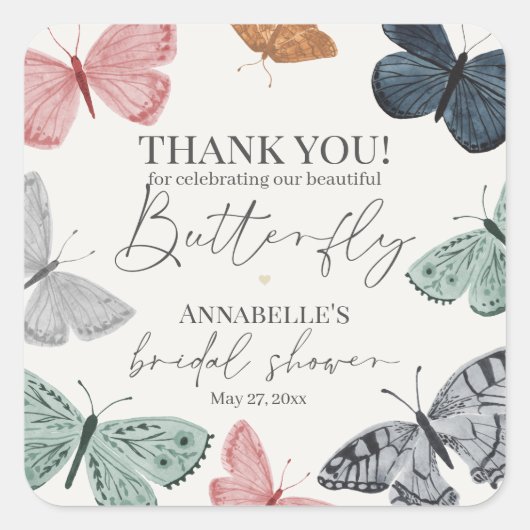 Boho Butterfly Bruiloftsfeest Party Dessert Favor Vierkante Sticker (Voorkant)