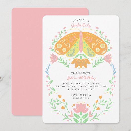 Boho Butterfly Garden Party Birthday Invitation Kaart (Voorkant / Achterkant)