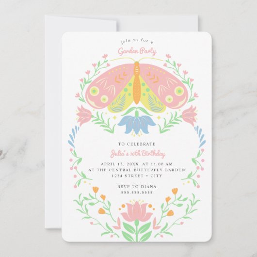 Boho Butterfly Garden Party Birthday Invitation Kaart (Voorkant)