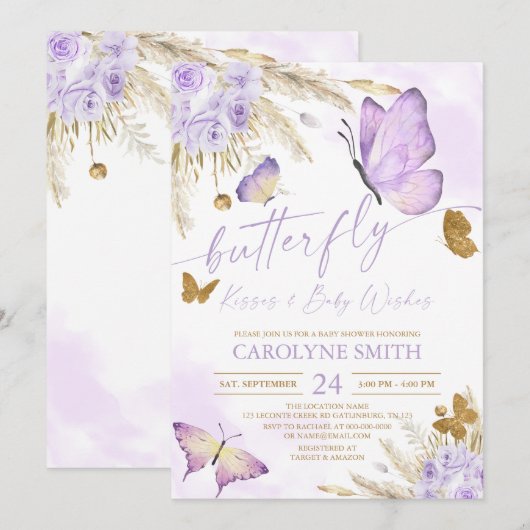 Boho Butterfly Kisses Baby shower Invitation Kaart (Voorkant / Achterkant)