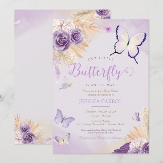 Boho Butterfly Lavender Paars Floral Baby shower Kaart (Voorkant / Achterkant)