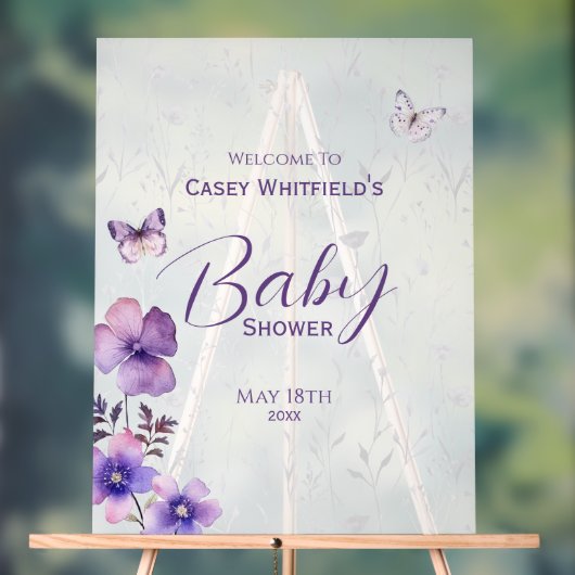 Boho Butterfly Paarse Bloemen Baby shower Welkom Acryl Bord (Neutraal)