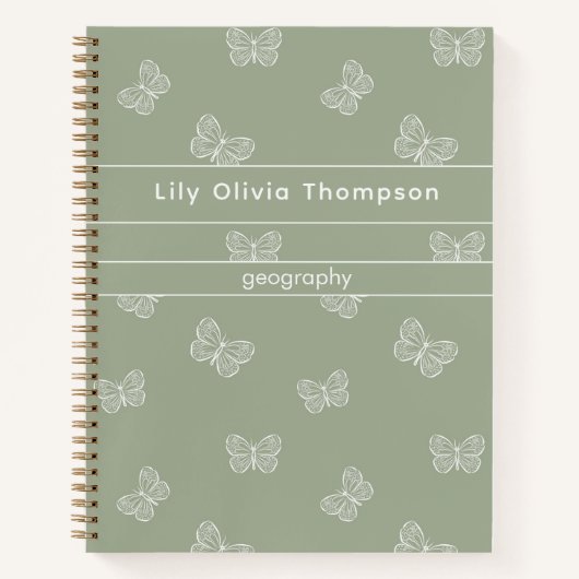 Boho Butterfly Pattern School Girl Name Sage Green Notitieboek (Voorkant)