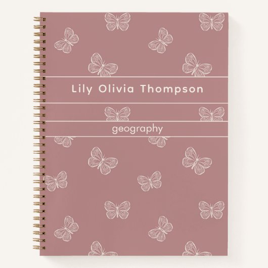 Boho Butterfly Pattern School Girls Name Mauve Notitieboek (Voorkant)