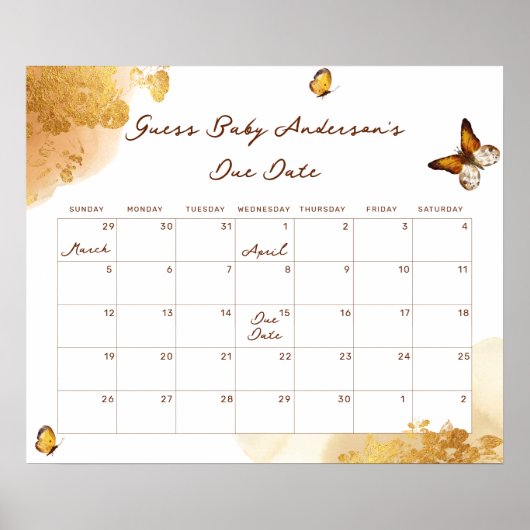 Boho Butterfly Raad Baby Verwachte Datum Kalender Poster (Voorkant)
