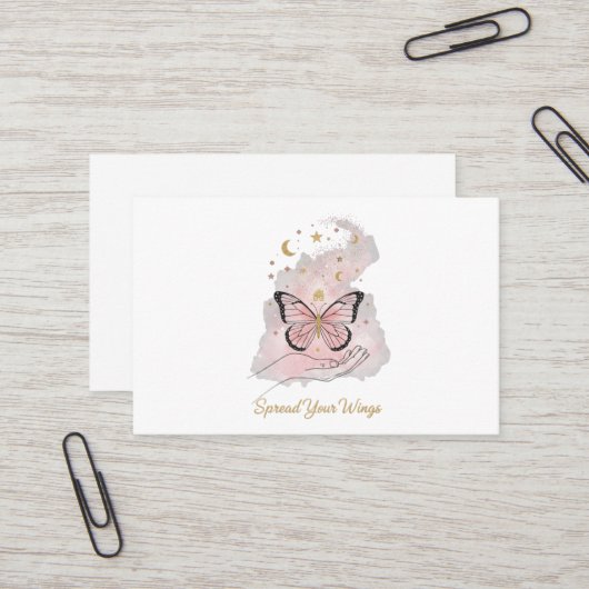 Boho Butterfly "Spread Your Wings" Greeting Card Visitekaartje (Voorkant / Achterkant in situ)