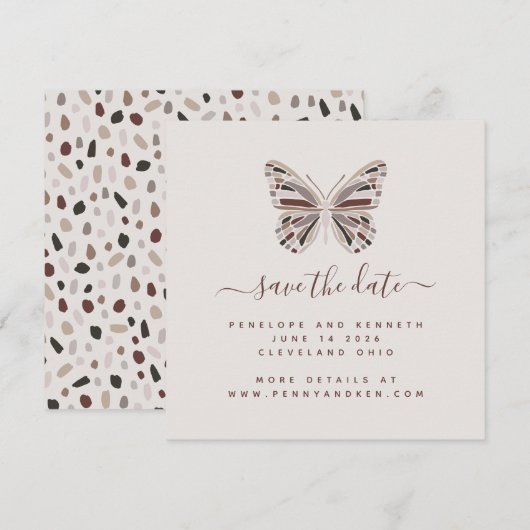 Boho Butterfly | Stijlvolle Bourgogne en Taupe Save The Date (Voorkant / Achterkant)