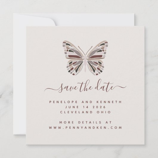 Boho Butterfly | Stijlvolle Bourgogne en Taupe Save The Date (Voorkant)