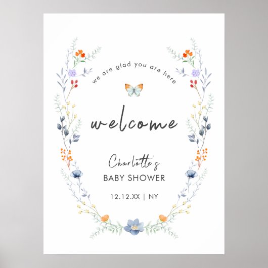 Boho Butterfly Wildflower Baby shower Welkom Poster (Voorkant)