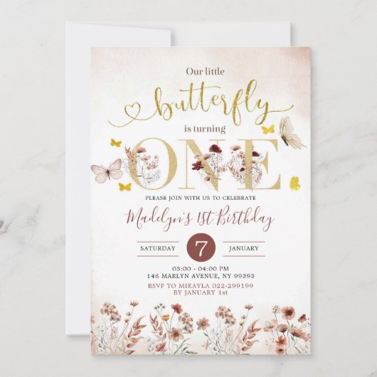 Boho Butterfly Wildflower First Birthday Invite Kaart (Voorkant)