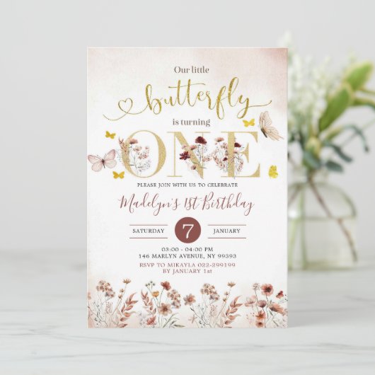 Boho Butterfly Wildflower First Birthday Invite Kaart (Staand voorkant)