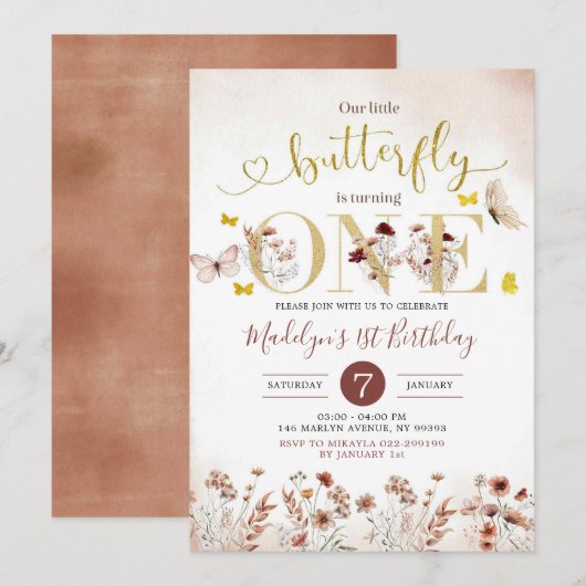 Boho Butterfly Wildflower First Birthday Invite Kaart (Voorkant / Achterkant)