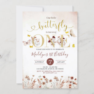 Boho Butterfly Wildflower First Birthday Invite Kaart