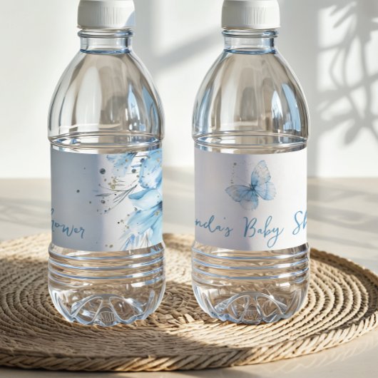 Boho Butterfly Wildflower Floral Blue Baby Shower Waterfles Etiket