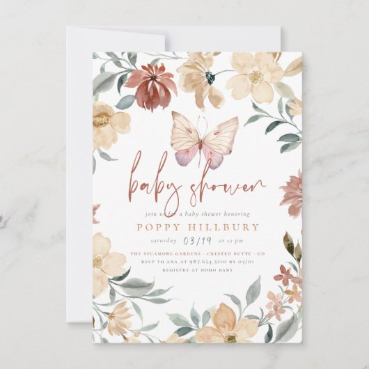 Boho Butterfly Wildflower Garden Girl Baby shower Kaart (Voorkant)