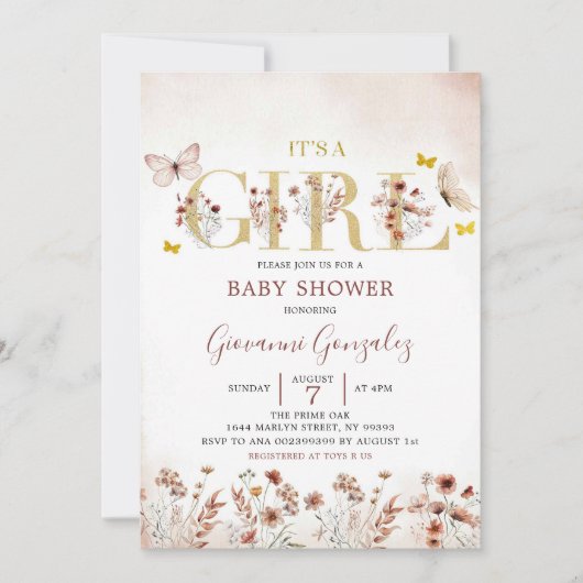 Boho Butterfly Wildflower Girl Baby shower Kaart (Voorkant)