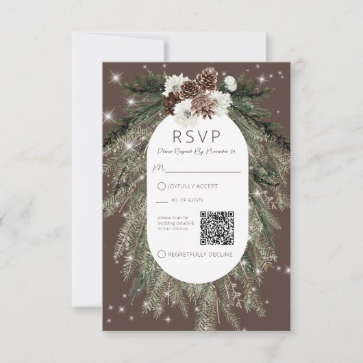 Boho Cacao Pine Winter Sparkle QR-code RSVP Kaartje (Voorkant)