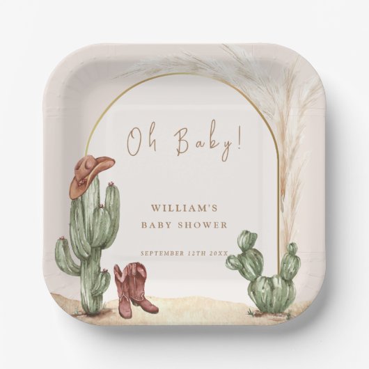 Boho Cactus Arch Desert Cowboy Baby shower Papieren Bordje (Voorkant)
