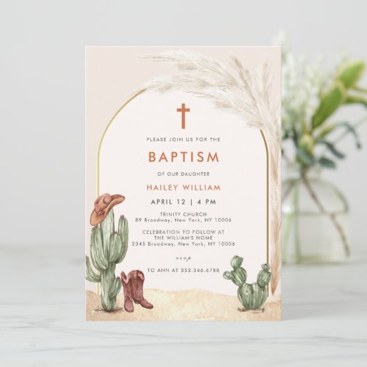 Boho Cactus Arch Desert Cowboy Cross Doop Kaart (Staand voorkant)