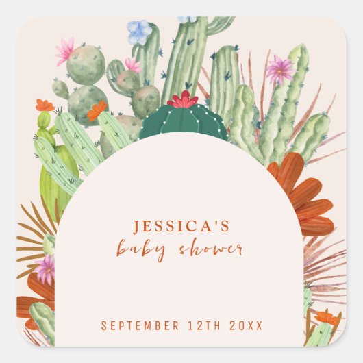 Boho Cactus Arch Desert Pampas Baby shower Vierkante Sticker (Voorkant)