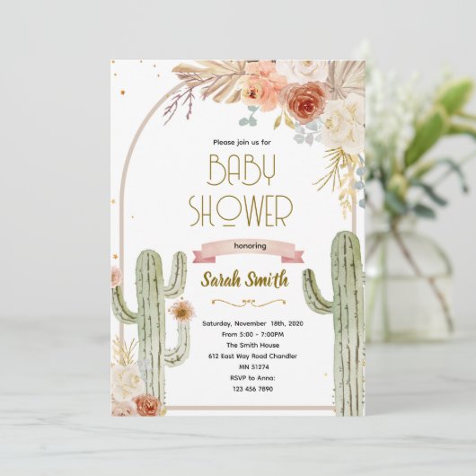 Boho cactus baby shower Invitation Kaart (Staand voorkant)