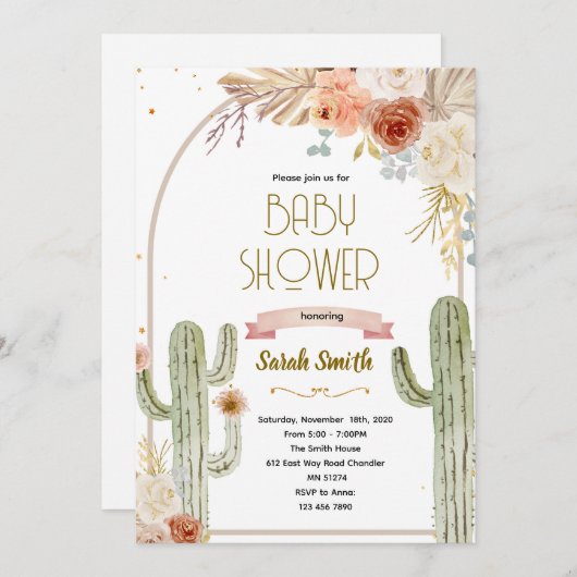 Boho cactus baby shower Invitation Kaart (Voorkant / Achterkant)