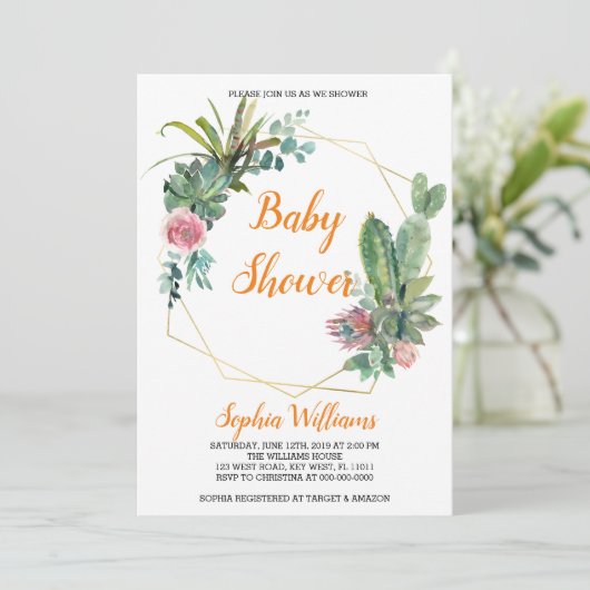Boho Cactus Baby shower Invitation Kaart (Staand voorkant)