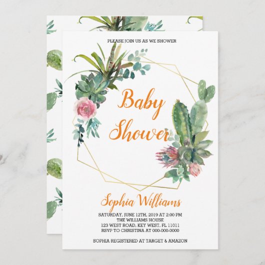 Boho Cactus Baby shower Invitation Kaart (Voorkant / Achterkant)