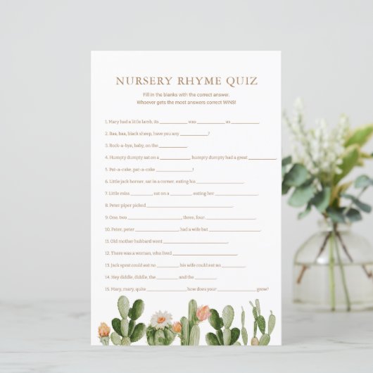 Boho Cactus Baby shower Nursery Rhyme Quiz (Staand voorkant)