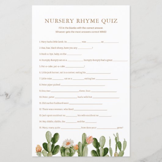 Boho Cactus Baby shower Nursery Rhyme Quiz (Voorkant)