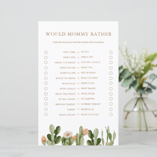 Boho Cactus Baby Shower Zou Mama Liever Game (Staand voorkant)