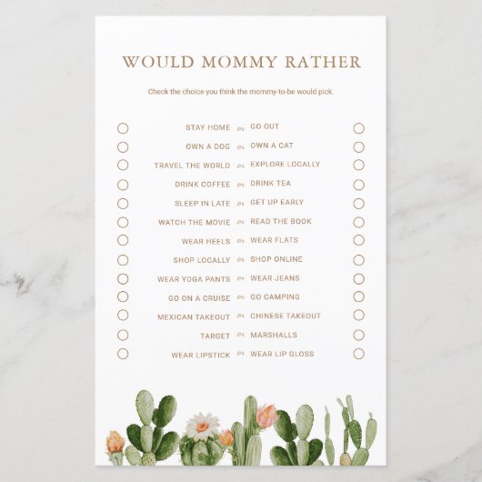 Boho Cactus Baby Shower Zou Mama Liever Game (Voorkant)