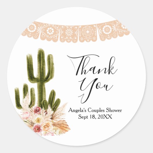 Boho Cactus Bloem Bruiloft Borrel Uitnodiging Dank Ronde Sticker (Voorkant)