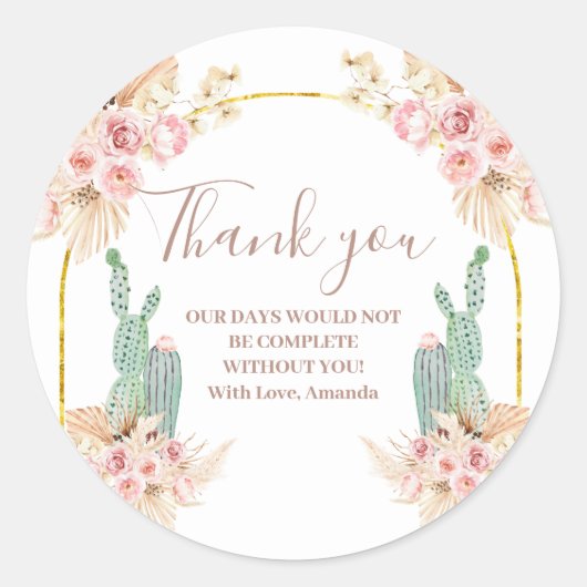 Boho Cactus Bloemen Bruidsfeest Dank Je Sticker (Voorkant)