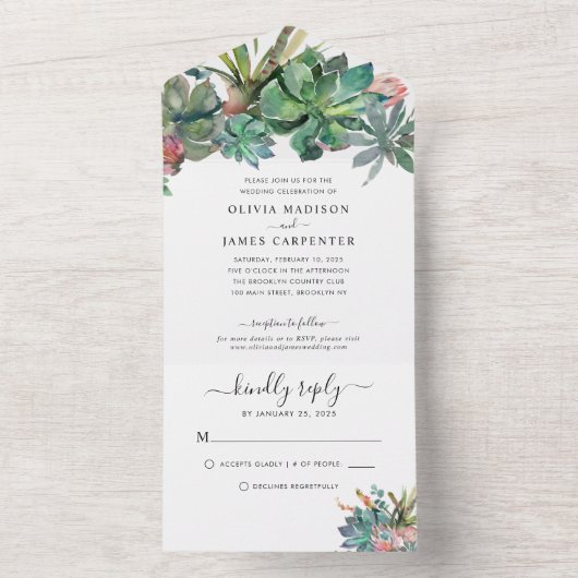 Boho Cactus Cacti Succulent Desert Floral Wedding All In One Uitnodiging (Binnen)