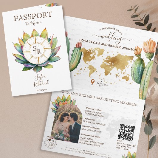 Boho Cactus Destination Wedding Passport QR-code