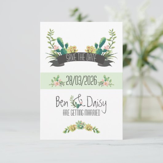 Boho Cactus Flat Save The Date Card (Staand voorkant)