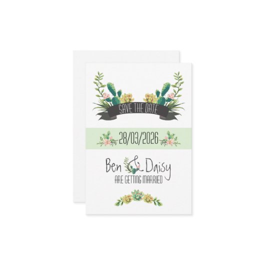 Boho Cactus Flat Save The Date Card (Voorkant / Achterkant in situ)