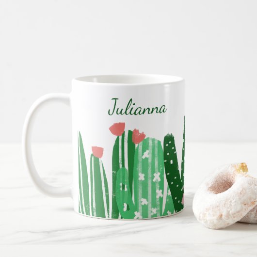 Boho Cactus Painting in Green Personalized Koffiemok (Met donut)